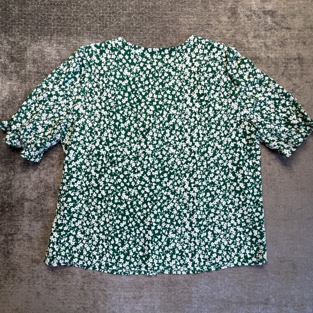 J.Crew Blouse Womens Large Green Floral Ditsy Puff Sleeve Button Front V-Neck - Picture 2 of 15